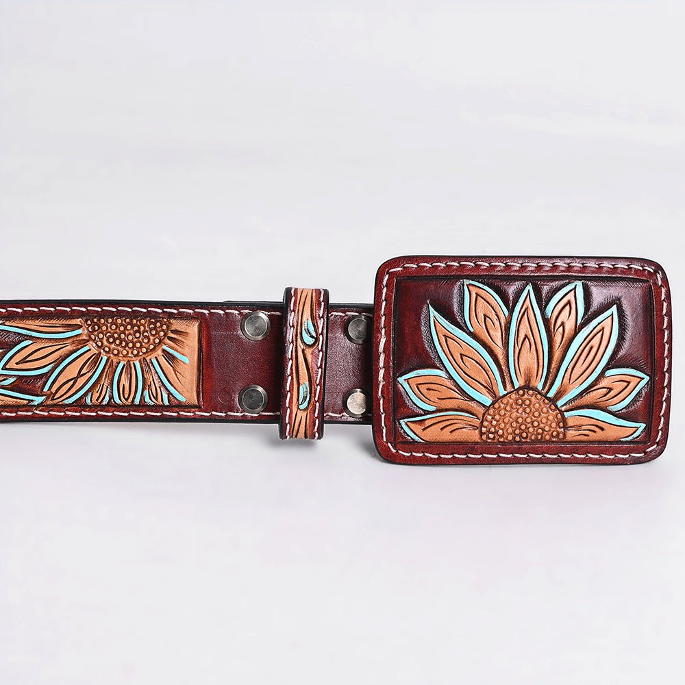 ADBLF273 Tooled Leather Western Belt - Oversized Sunflower Design with Turquoise Accents