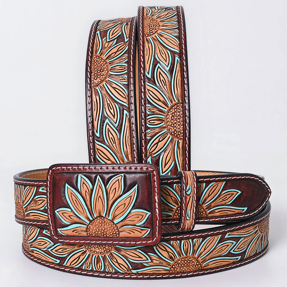 ADBLF273 Tooled Leather Western Belt - Oversized Sunflower Design with Turquoise Accents