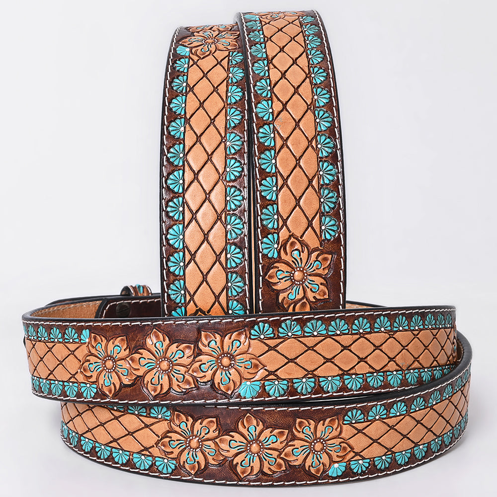 ADBLF274 Tooled Leather Western Belt - Lattice Floral Pattern with Turquoise Accents