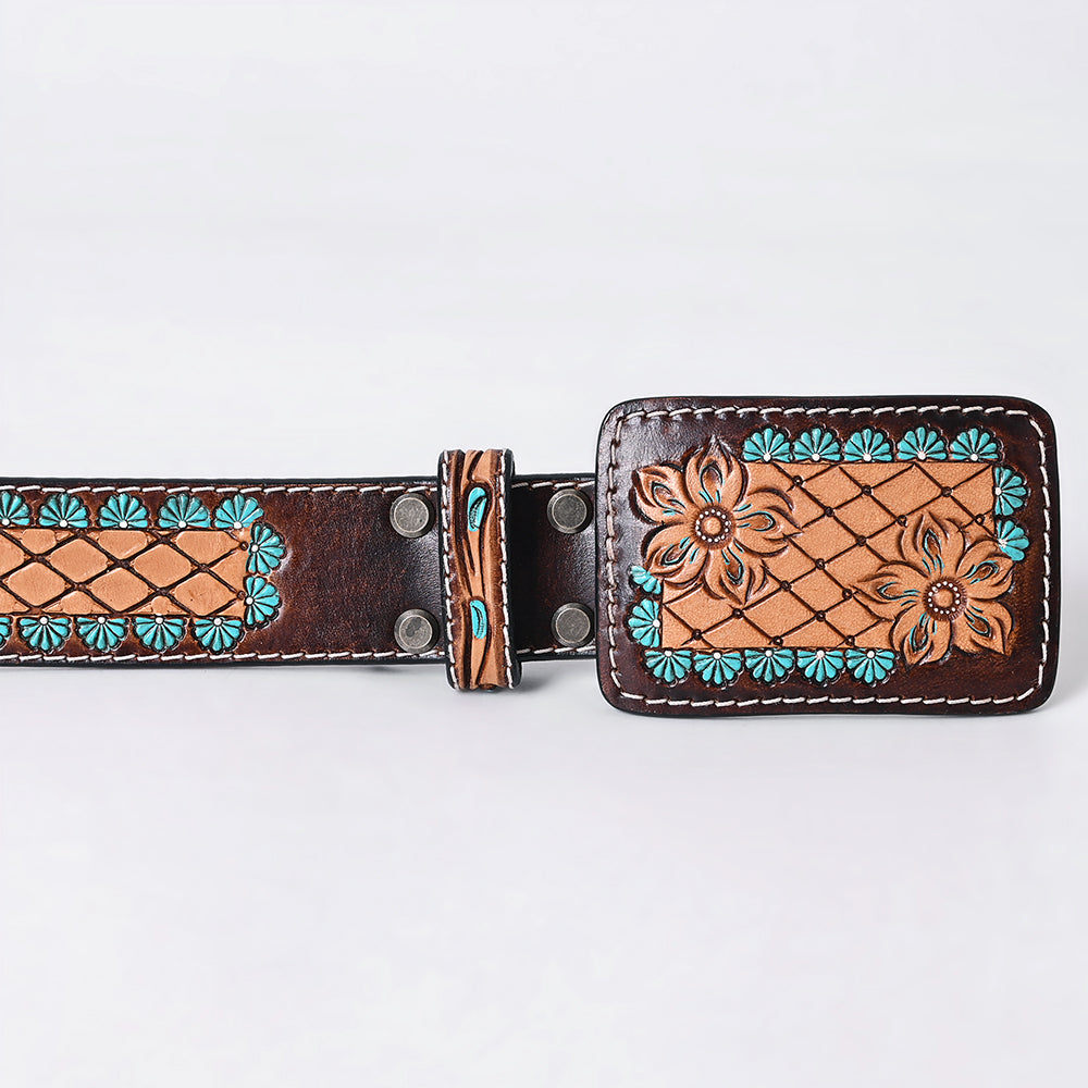ADBLF274 Tooled Leather Western Belt - Lattice Floral Pattern with Turquoise Accents