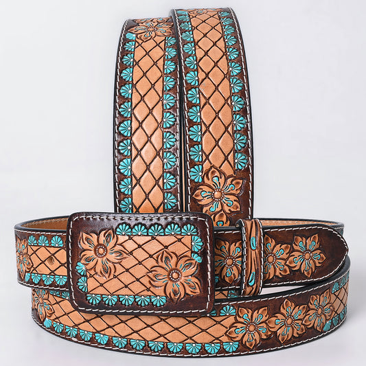 ADBLF274 Tooled Leather Western Belt - Lattice Floral Pattern with Turquoise Accents