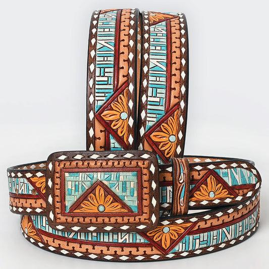 ADBLF275 Hand-Tooled Leather Belt - Southwestern Geometric & Floral Inlay Design
