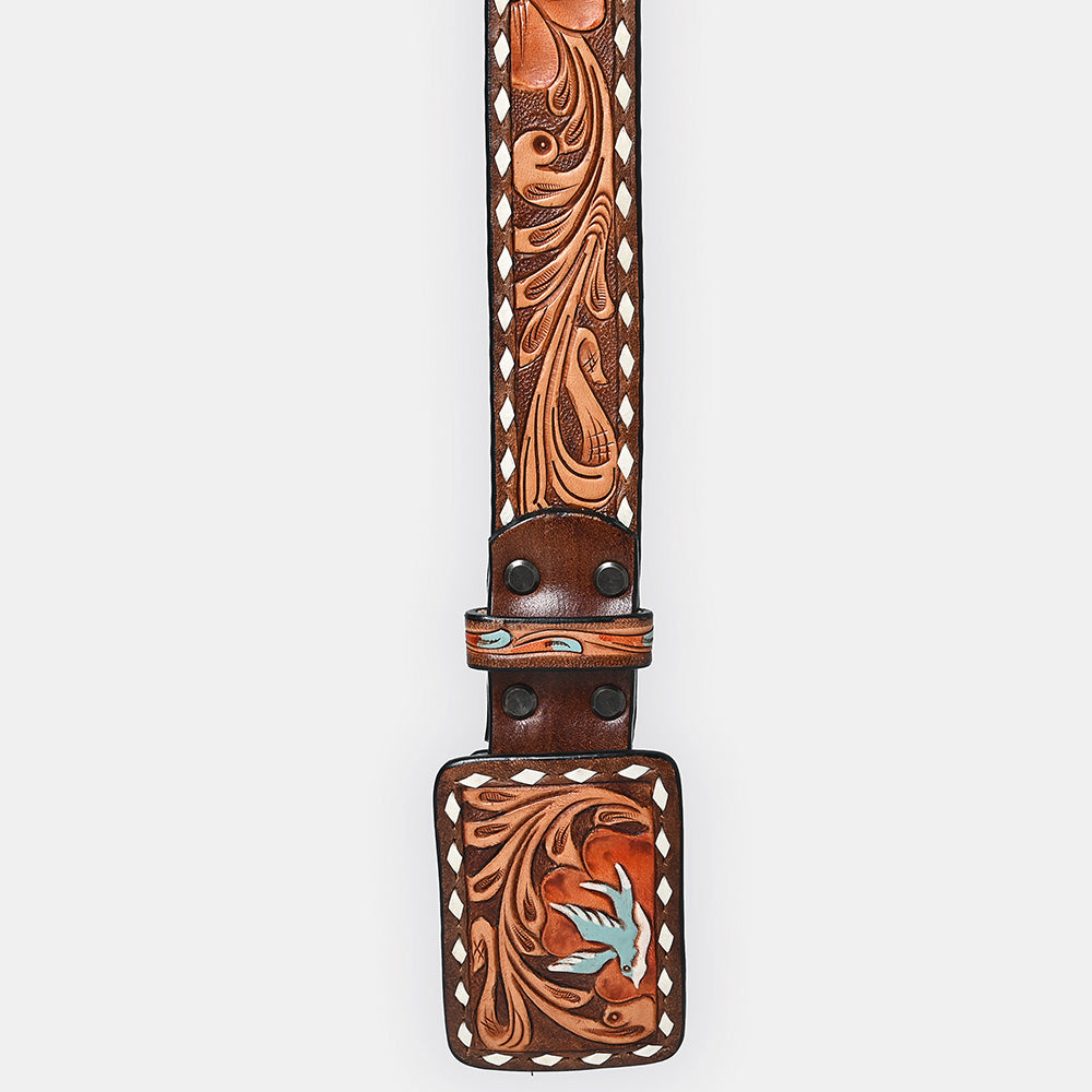 ADBLF276 Hand-Tooled Leather Belt - Flying Dove & Floral Western Design