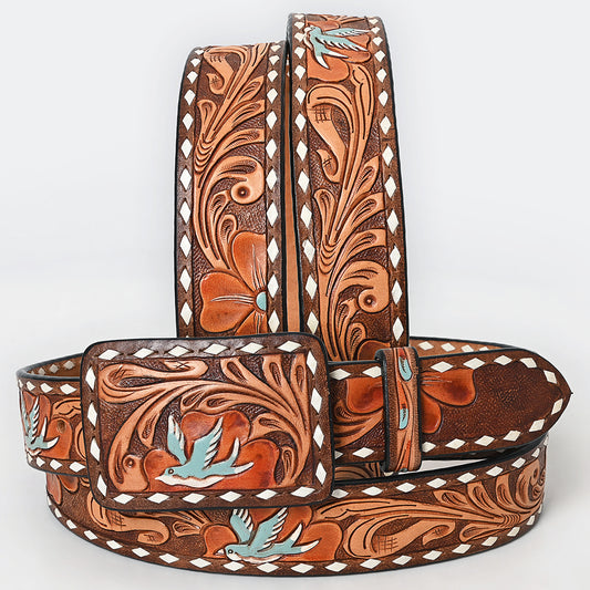 ADBLF276 Hand-Tooled Leather Belt - Flying Dove & Floral Western Design