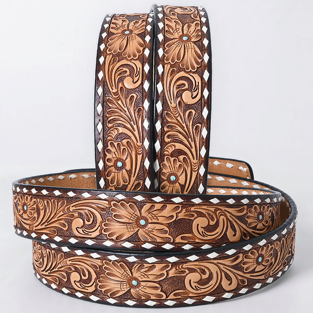 ADBLF277 Hand-Tooled Western Leather Belt - Vintage Floral with White Diamond Border with turquoise stud centers