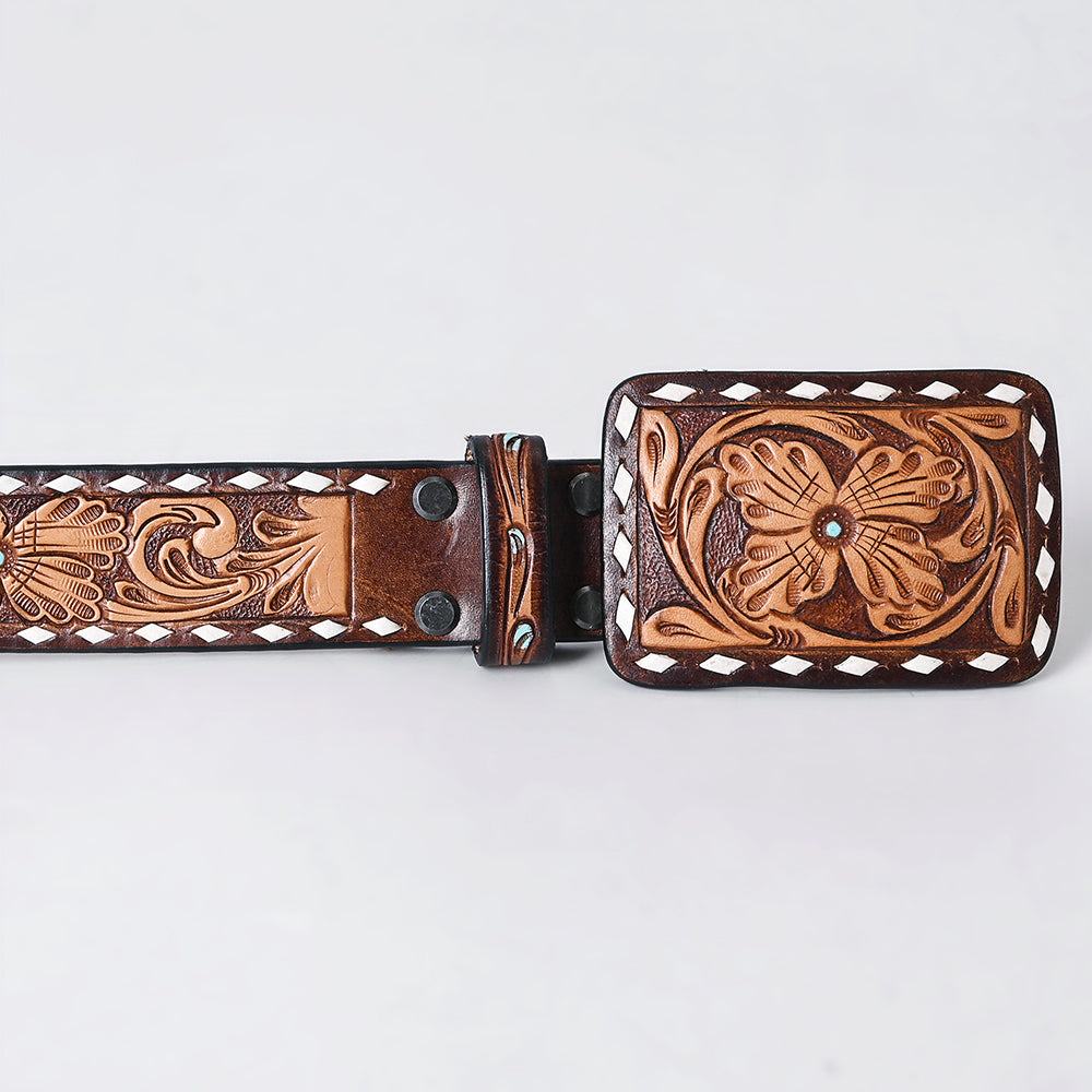 ADBLF277 Hand-Tooled Western Leather Belt - Vintage Floral with White Diamond Border with turquoise stud centers