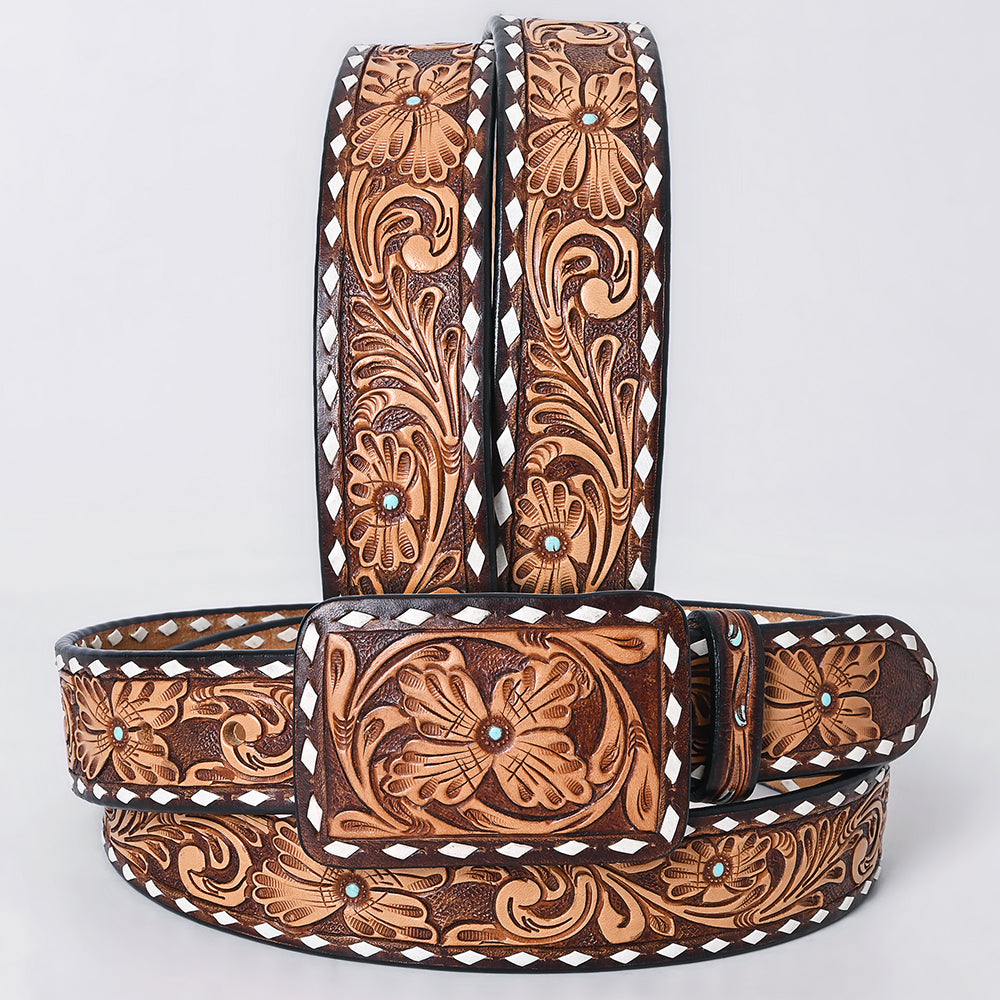 ADBLF277 Hand-Tooled Western Leather Belt - Vintage Floral with White Diamond Border with turquoise stud centers