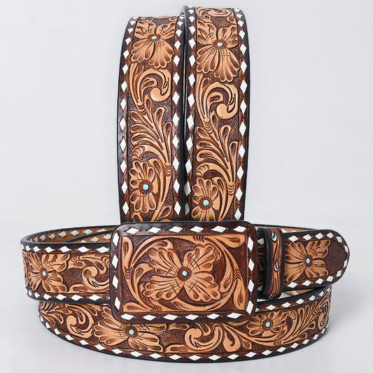 ADBLF277 Hand-Tooled Western Leather Belt - Vintage Floral with White Diamond Border with turquoise stud centers