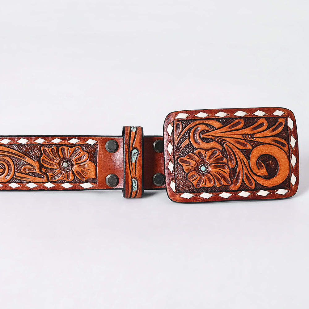 ADBLF278 Hand-Tooled Western Leather Belt - Floral Swirl with White Diamond Border