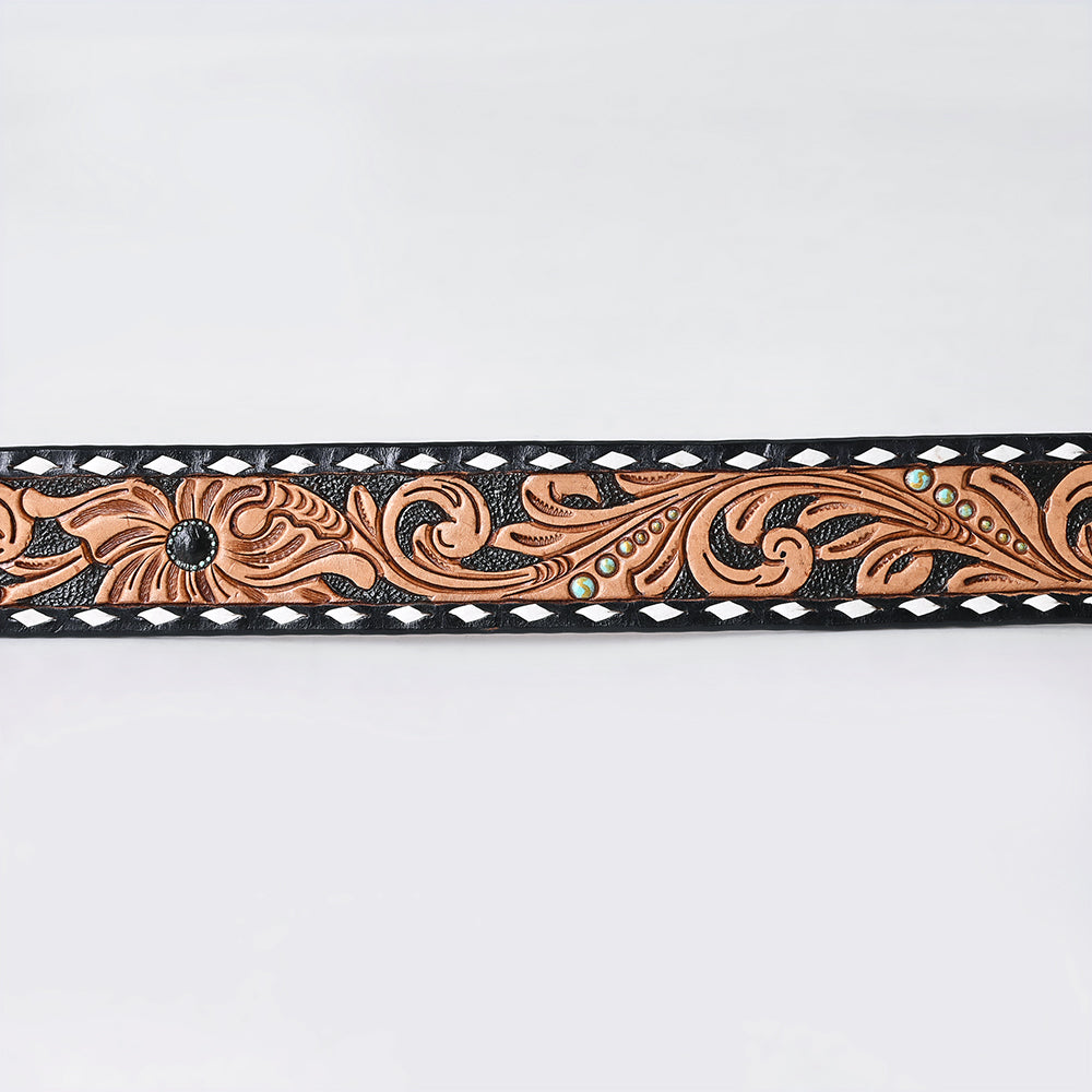 ADBLF279 Tooled Leather Western Belt - Black Inlay with Floral Design and White Edge