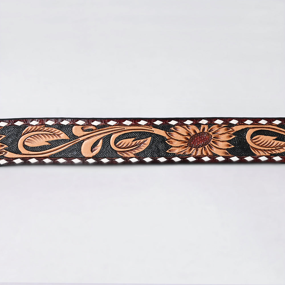 ADBLF280 Western Tooled Leather Belt - Sunflower Floral Design on Black Inlay