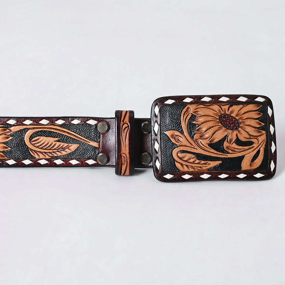 ADBLF280 Western Tooled Leather Belt - Sunflower Floral Design on Black Inlay