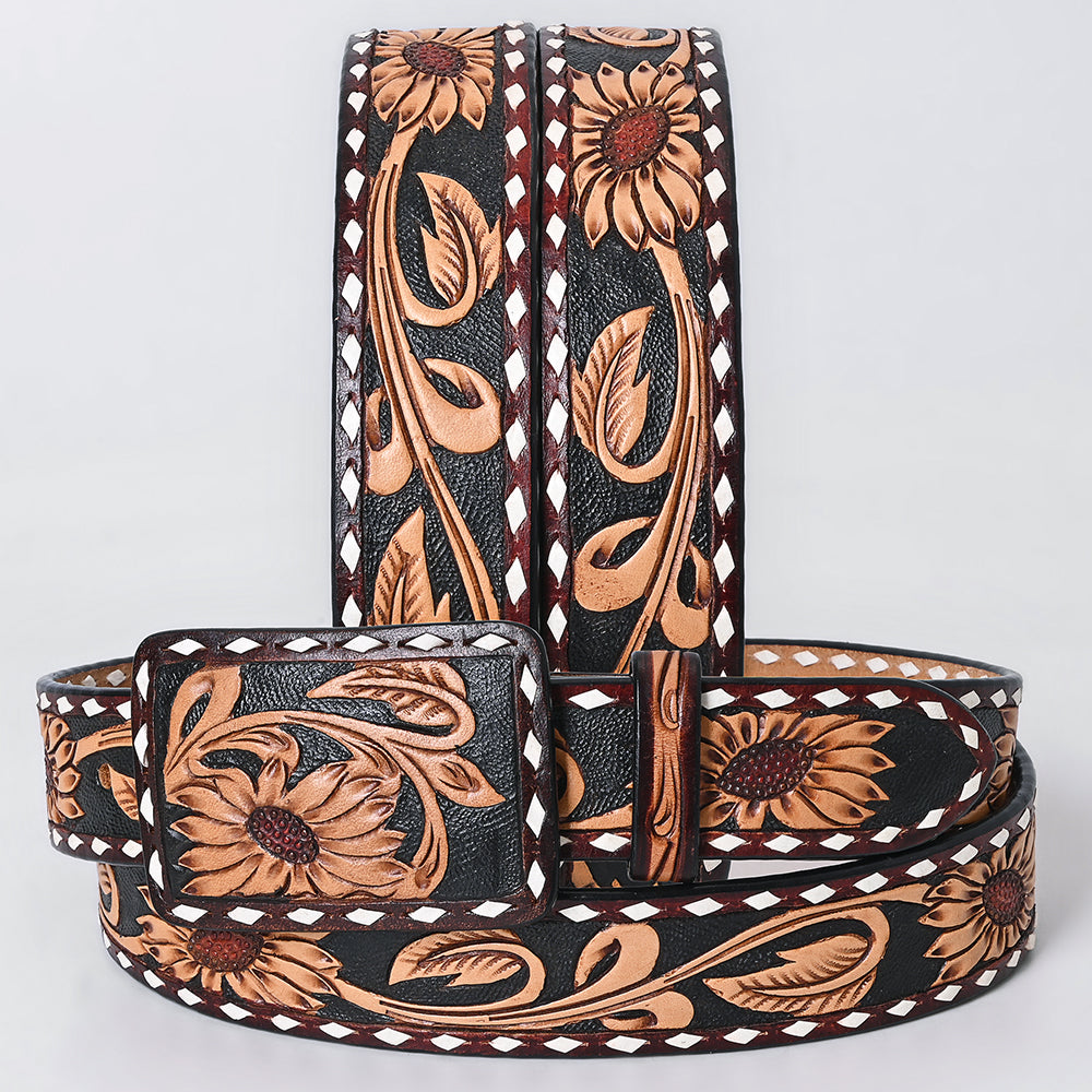 ADBLF280 Western Tooled Leather Belt - Sunflower Floral Design on Black Inlay