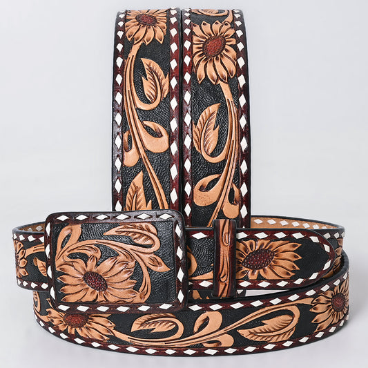 ADBLF280 Western Tooled Leather Belt - Sunflower Floral Design on Black Inlay