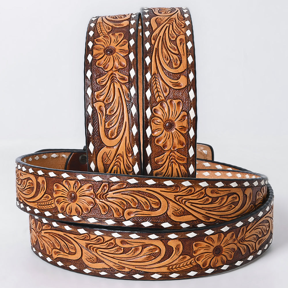 ADBLF281 Western Tooled Leather Belt - Classic Tan Floral Carving with White Diamond Trim