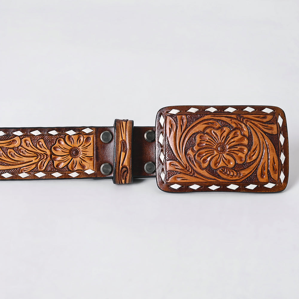 ADBLF281 Western Tooled Leather Belt - Classic Tan Floral Carving with White Diamond Trim