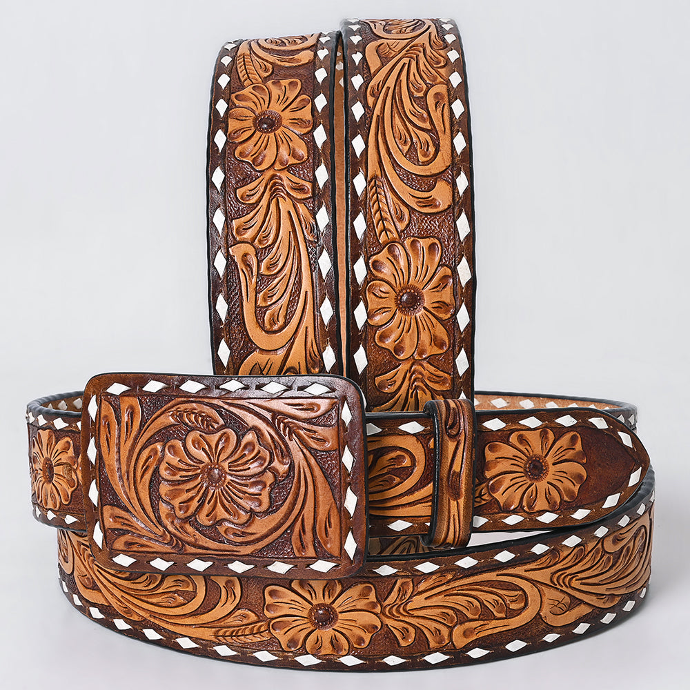 ADBLF281 Western Tooled Leather Belt - Classic Tan Floral Carving with White Diamond Trim