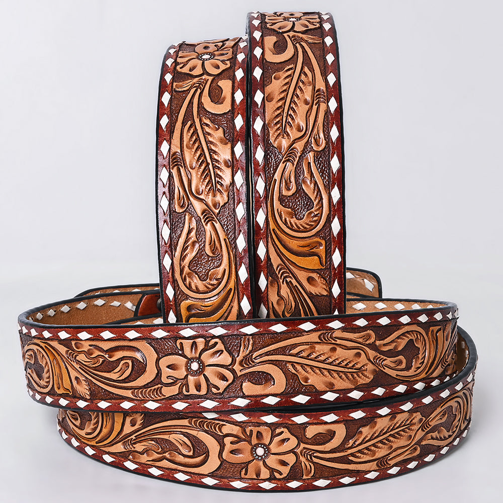 ADBLF282 Western Tooled Leather Belt - Chestnut Floral Scroll with White Diamond Edge