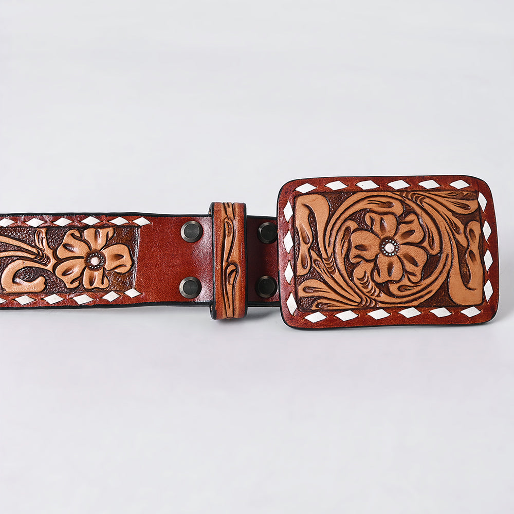 ADBLF282 Western Tooled Leather Belt - Chestnut Floral Scroll with White Diamond Edge