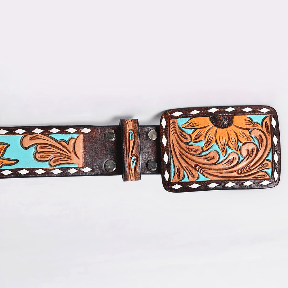 ADBLF283 Western Hand Tooled Leather Belt - Turquoise & Sunflower Floral Design