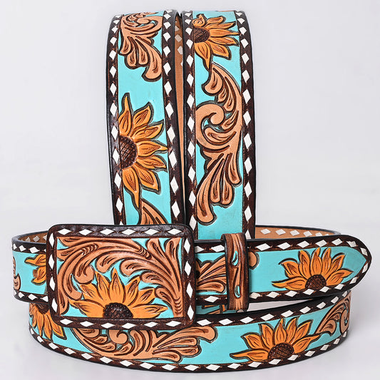 ADBLF283 Western Hand Tooled Leather Belt - Turquoise & Sunflower Floral Design