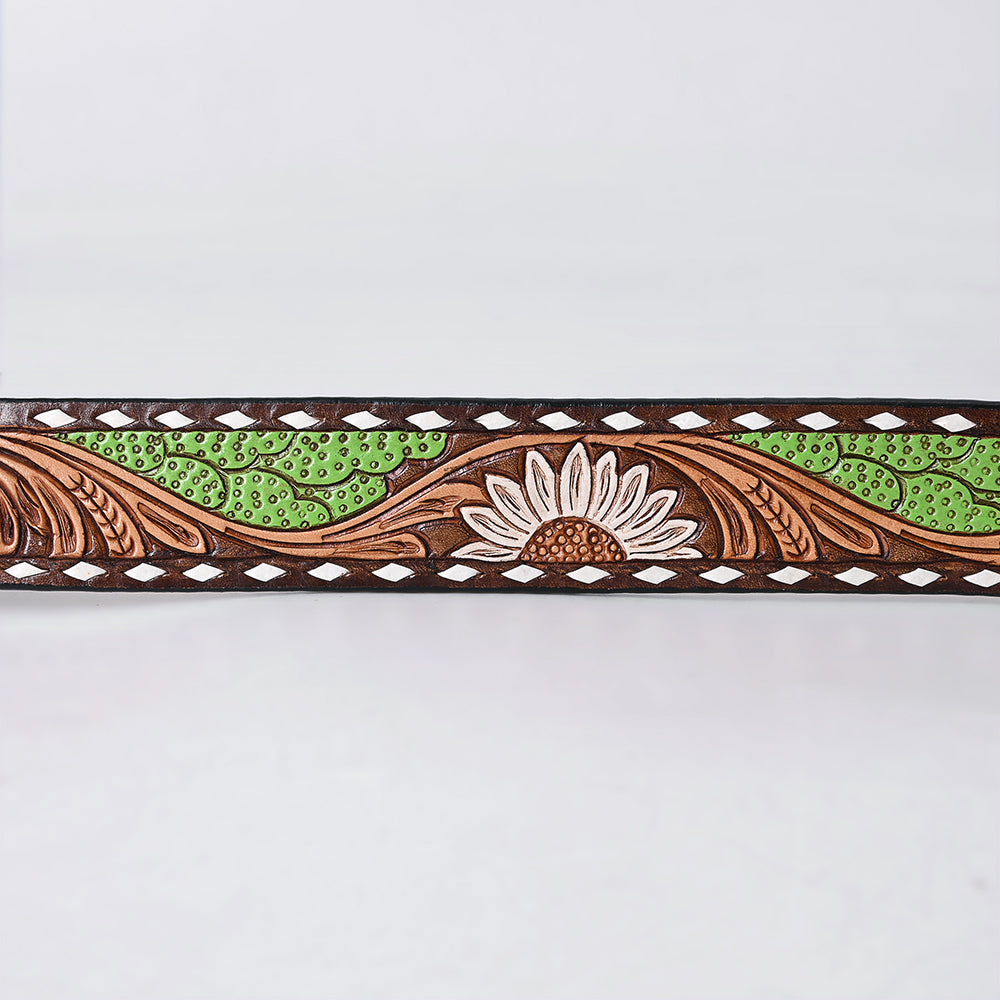 ADBLF284 Western Hand Tooled Leather Belt - White Daisy & Green Cactus Pattern