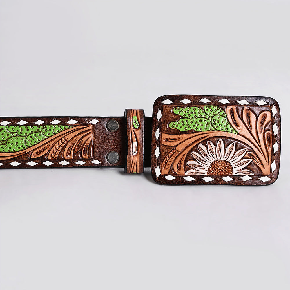 ADBLF284 Western Hand Tooled Leather Belt - White Daisy & Green Cactus Pattern
