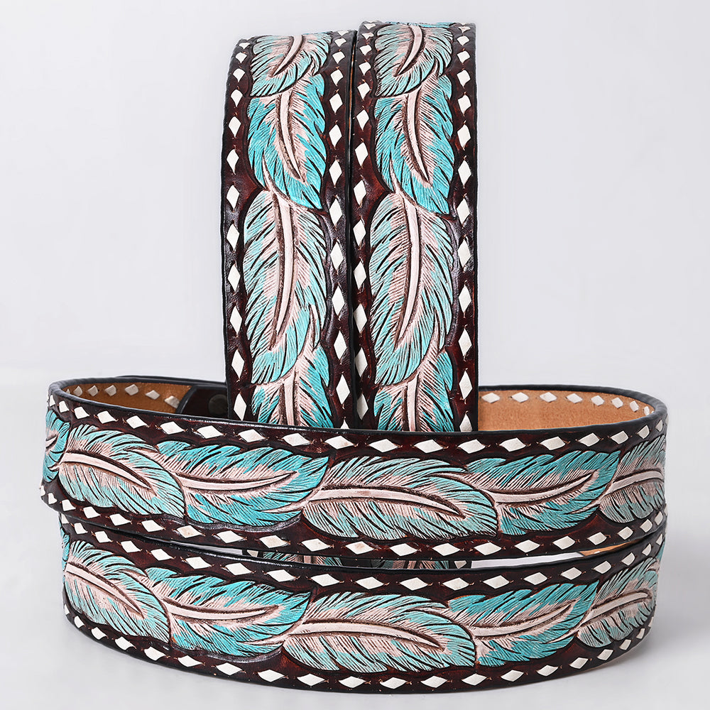 ADBLF285 Western Hand Tooled Leather Belt - Turquoise & Blush Feather Pattern