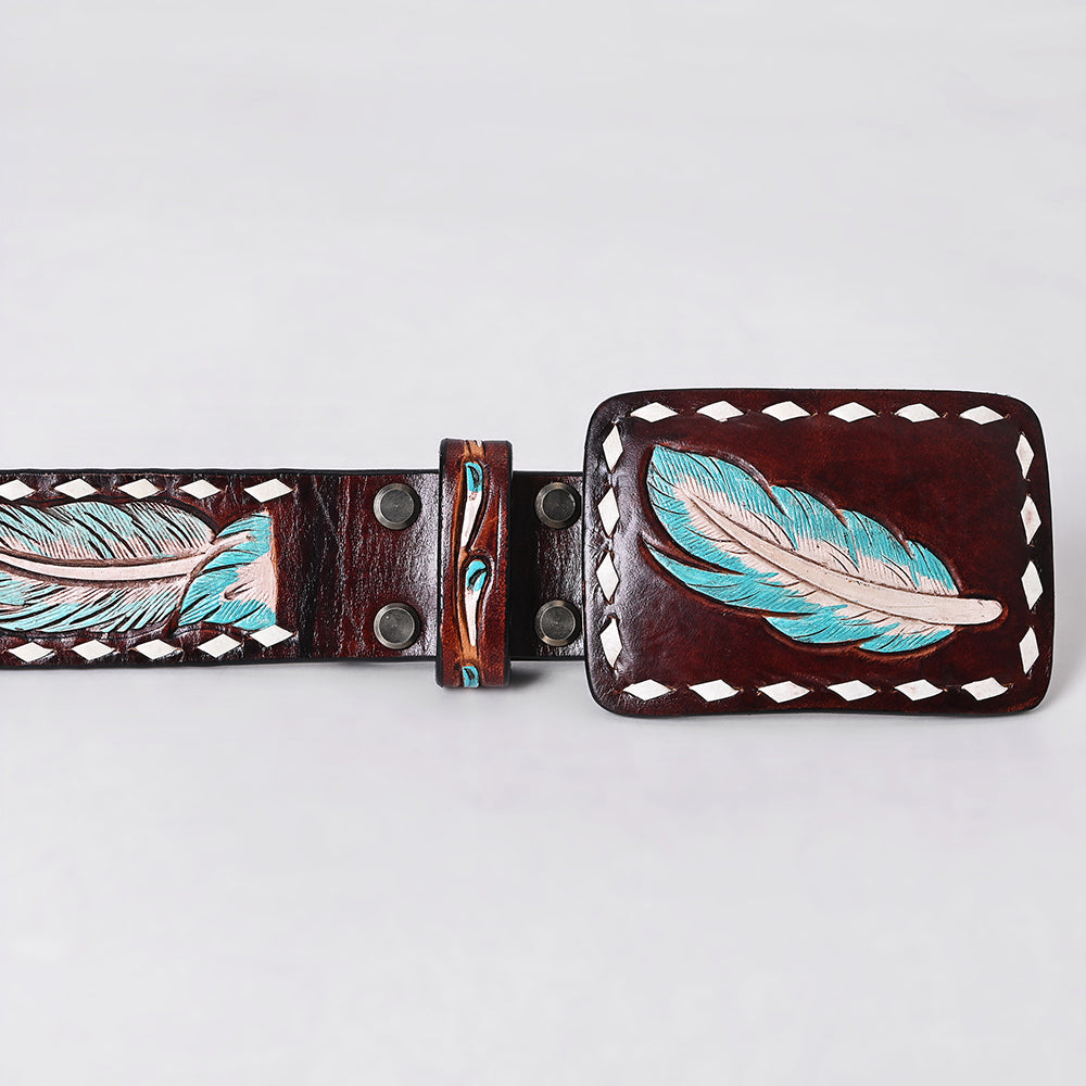 ADBLF285 Western Hand Tooled Leather Belt - Turquoise & Blush Feather Pattern