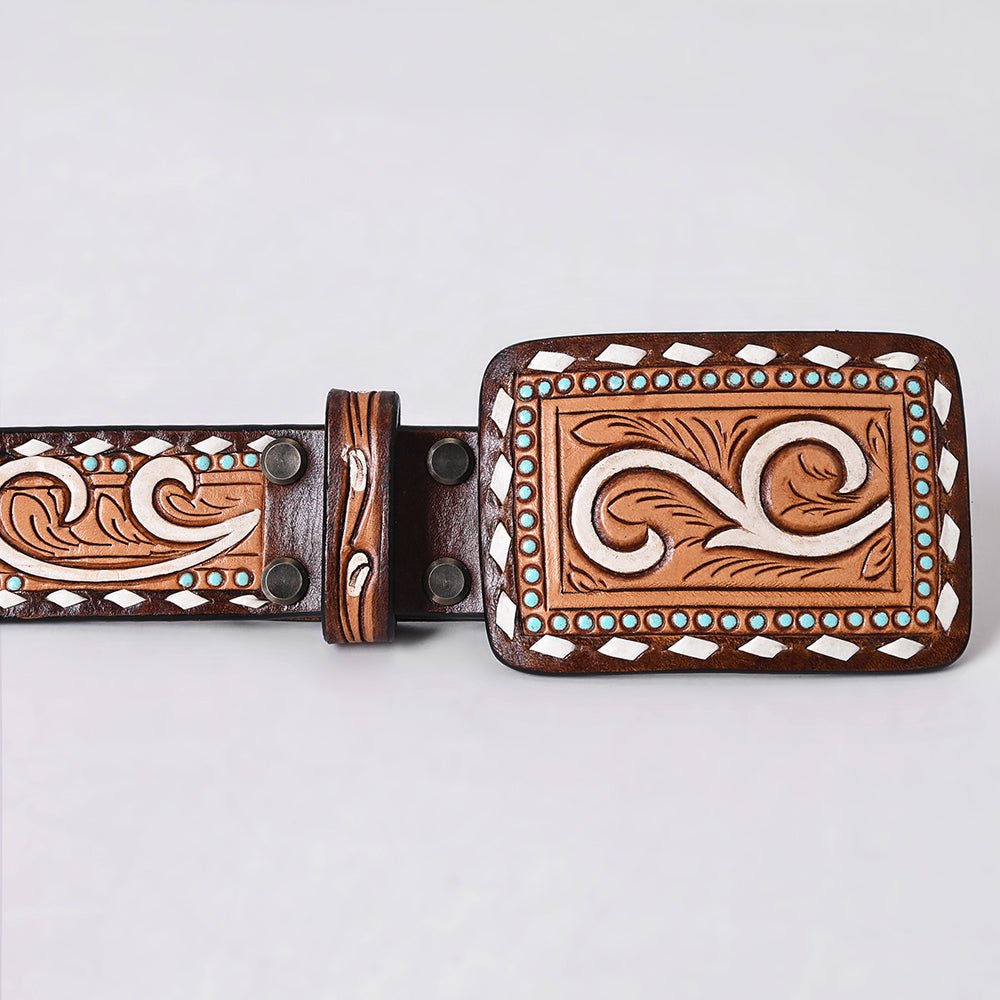 ADBLF286 Tooled Western Leather Belt - White Scroll with Turquoise Studs