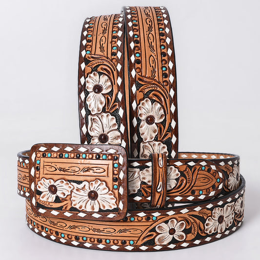 ADBLF287 Hand-Tooled Leather Western Belt - White Floral with Turquoise Studs