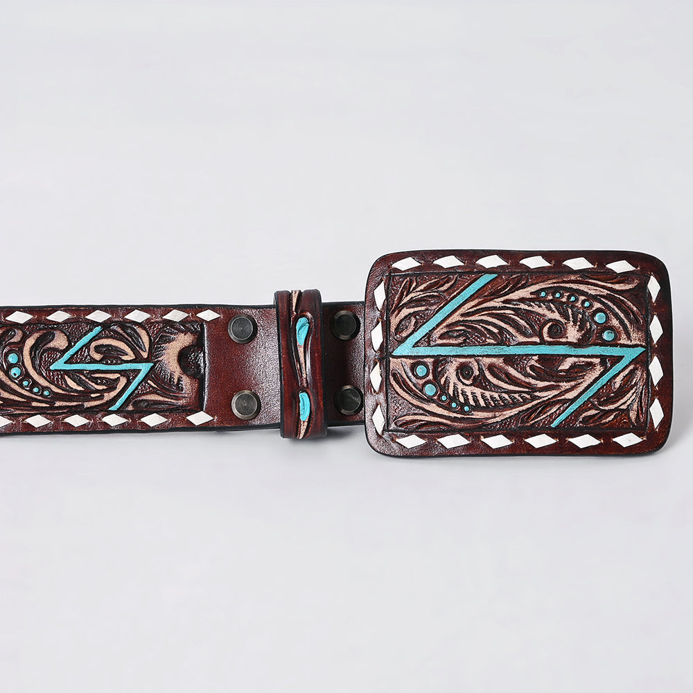ADBLF288 Tooled Western Leather Belt - Turquoise Lightning Bolt & Floral Scroll Design