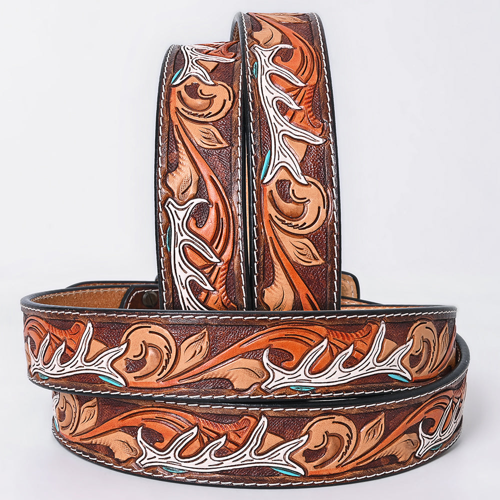ADBLF289 Tooled Leather Western Belt - White Antler & Scroll Floral Design