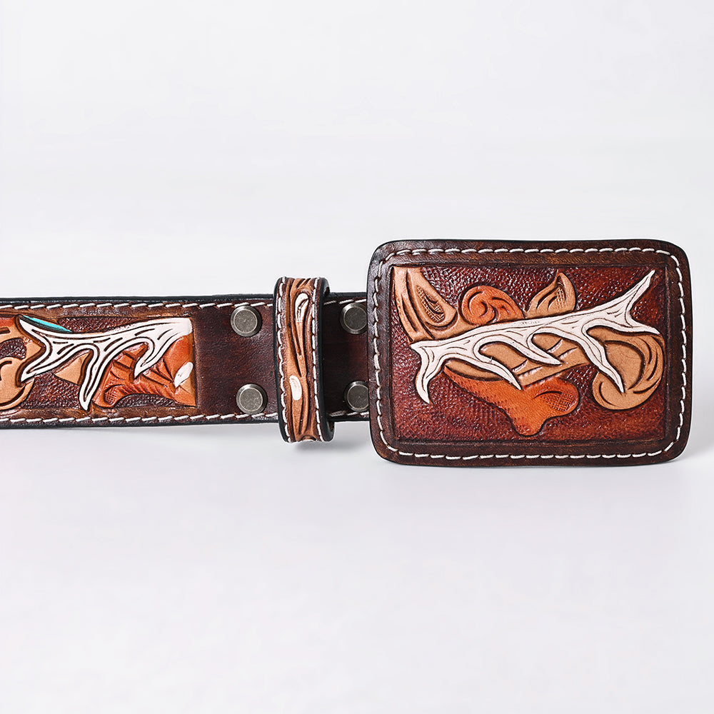 ADBLF289 Tooled Leather Western Belt - White Antler & Scroll Floral Design