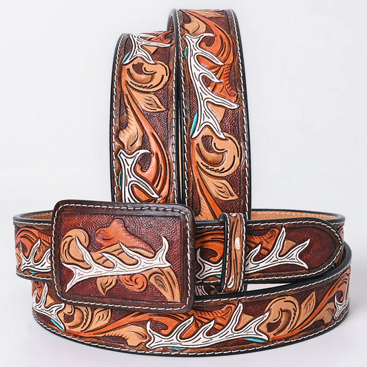 ADBLF289 Tooled Leather Western Belt - White Antler & Scroll Floral Design