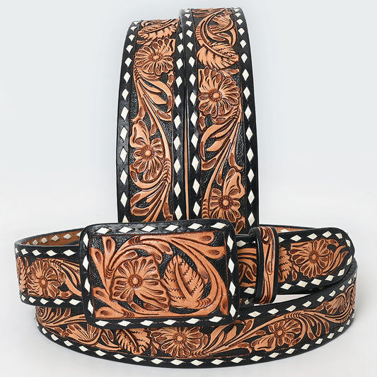 ADBLF290 Black & Saddle Hand Tooled Leather Western Belt - Floral Vine Design