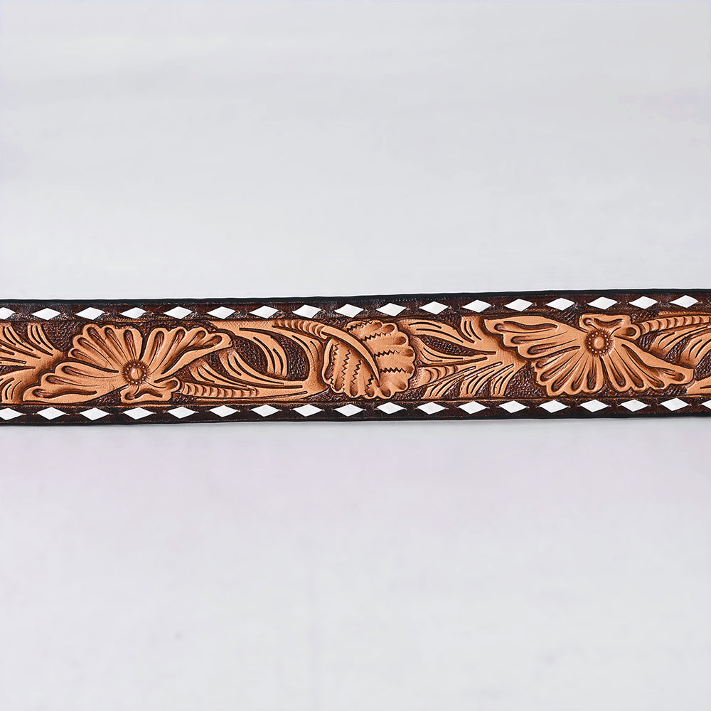 ADBLF291 Tooled Western Leather Belt - Bold Tan Floral on Chocolate Brown