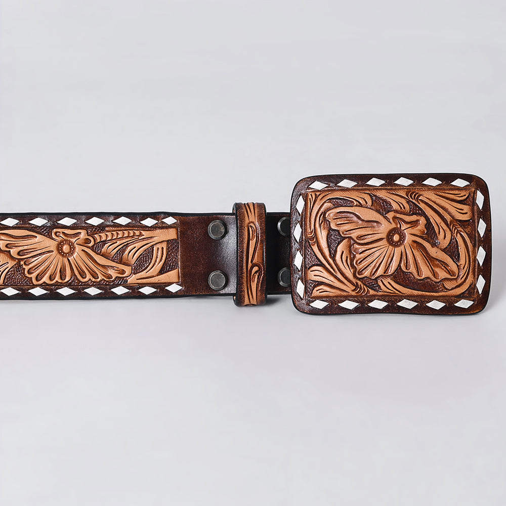 ADBLF291 Tooled Western Leather Belt - Bold Tan Floral on Chocolate Brown
