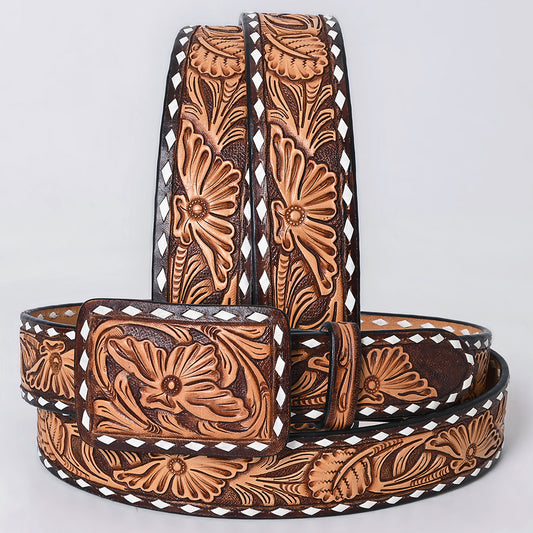 ADBLF291 Tooled Western Leather Belt - Bold Tan Floral on Chocolate Brown