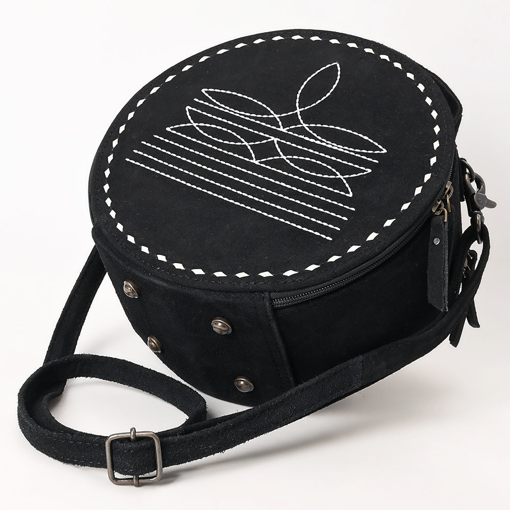 ADBG1549 American Darling Black Genuine Suede Western Canteen Bag with Stitch Detailing - Handcrafted Round Purse