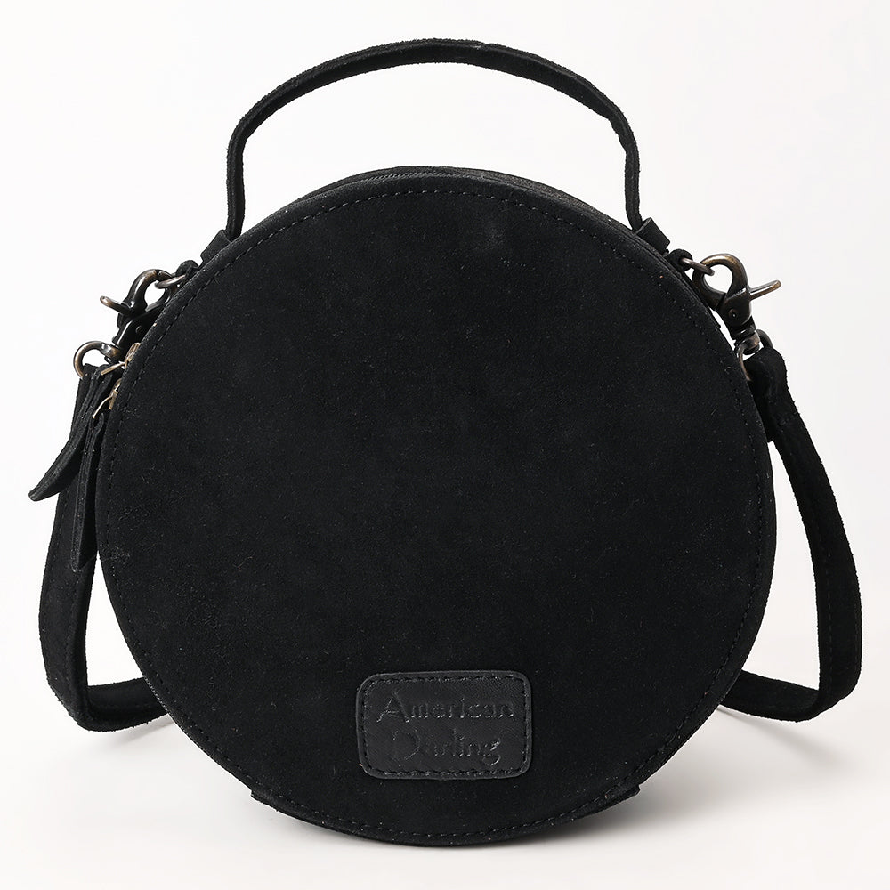 ADBG1549 American Darling Black Genuine Suede Western Canteen Bag with Stitch Detailing - Handcrafted Round Purse