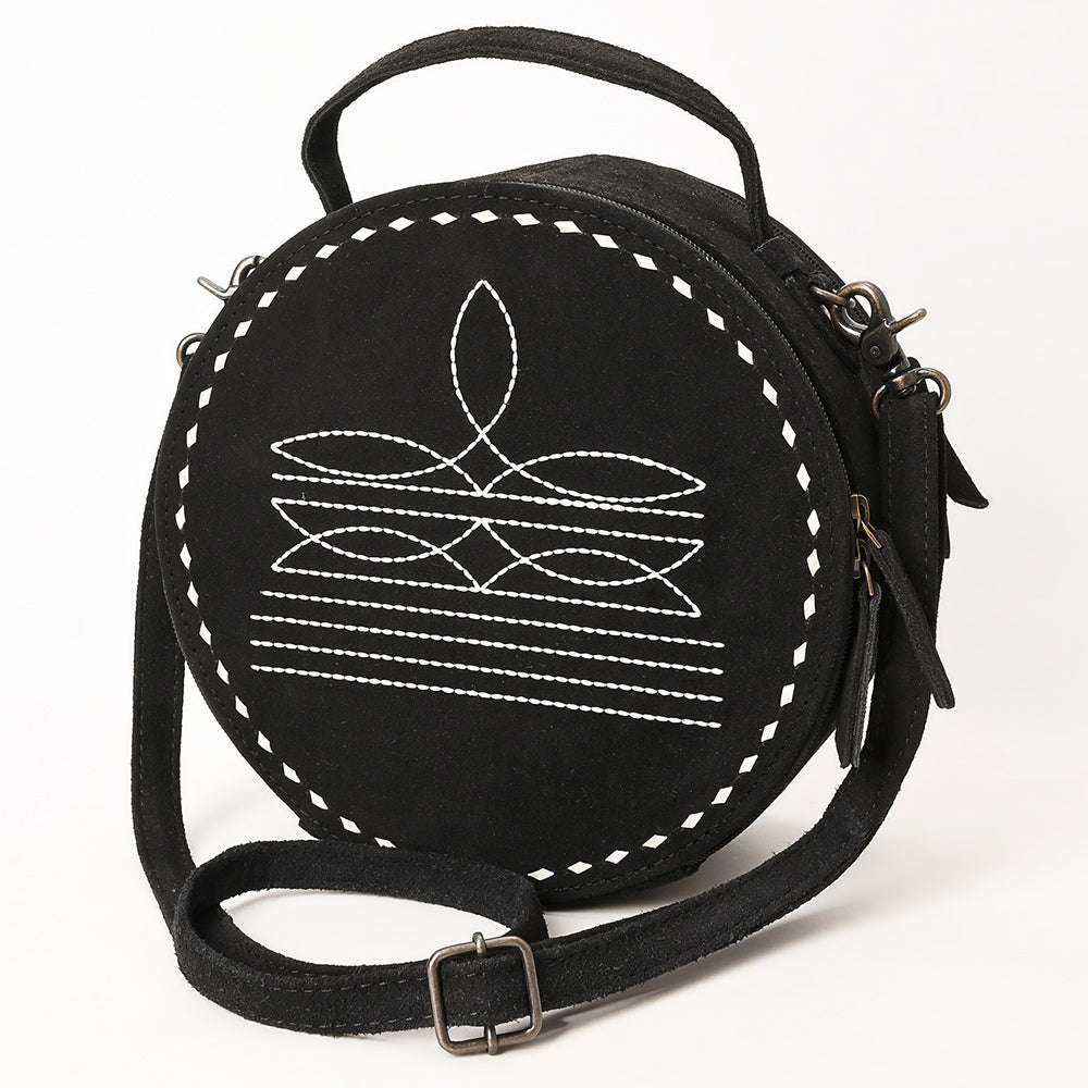 ADBG1549 American Darling Black Genuine Suede Western Canteen Bag with Stitch Detailing - Handcrafted Round Purse