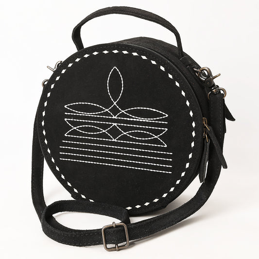 ADBG1549 American Darling Black Genuine Suede Western Canteen Bag with Stitch Detailing - Handcrafted Round Purse