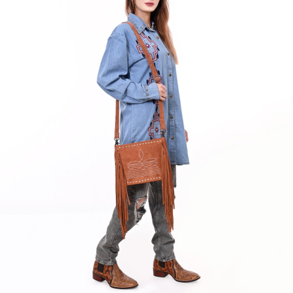 ADBG1572 American Darling Western Genuine Suede Leather Crossbody Bag with Fringe & Buck Stitch Detailing