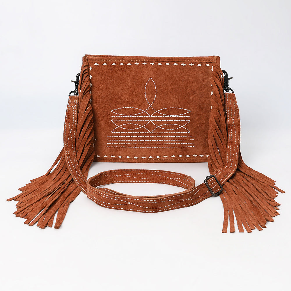 ADBG1572 American Darling Western Genuine Suede Leather Crossbody Bag with Fringe & Buck Stitch Detailing