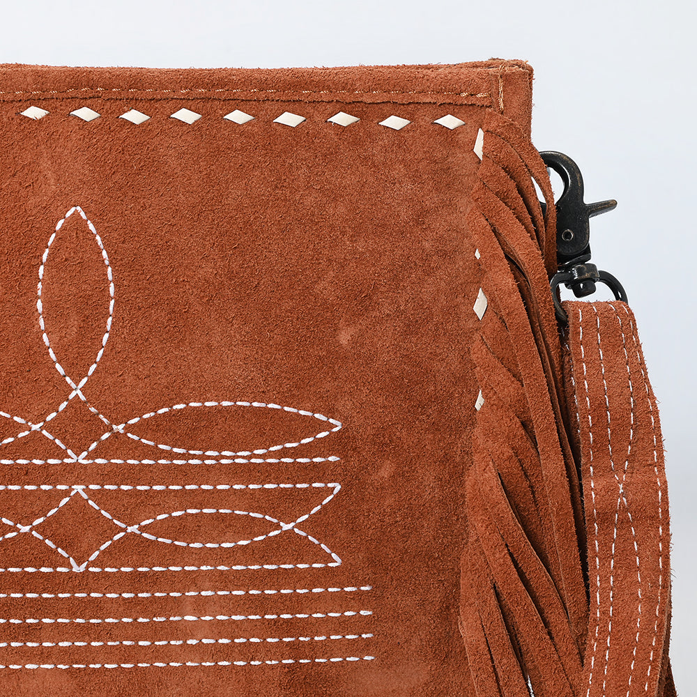 ADBG1572 American Darling Western Genuine Suede Leather Crossbody Bag with Fringe & Buck Stitch Detailing