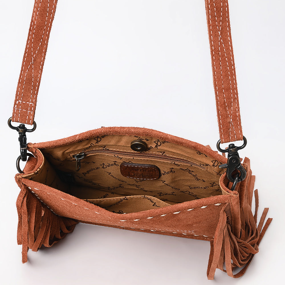 ADBG1572 American Darling Western Genuine Suede Leather Crossbody Bag with Fringe & Buck Stitch Detailing