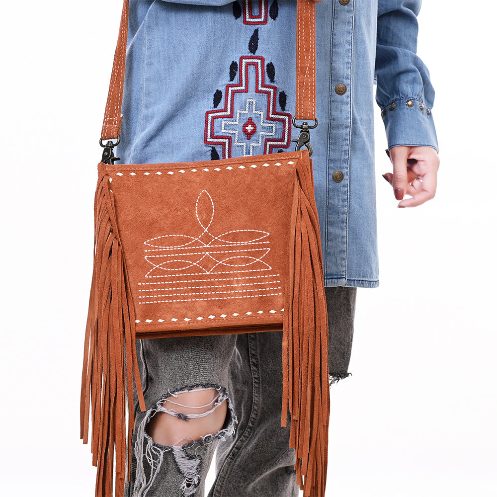 ADBG1572 American Darling Western Genuine Suede Leather Crossbody Bag with Fringe & Buck Stitch Detailing