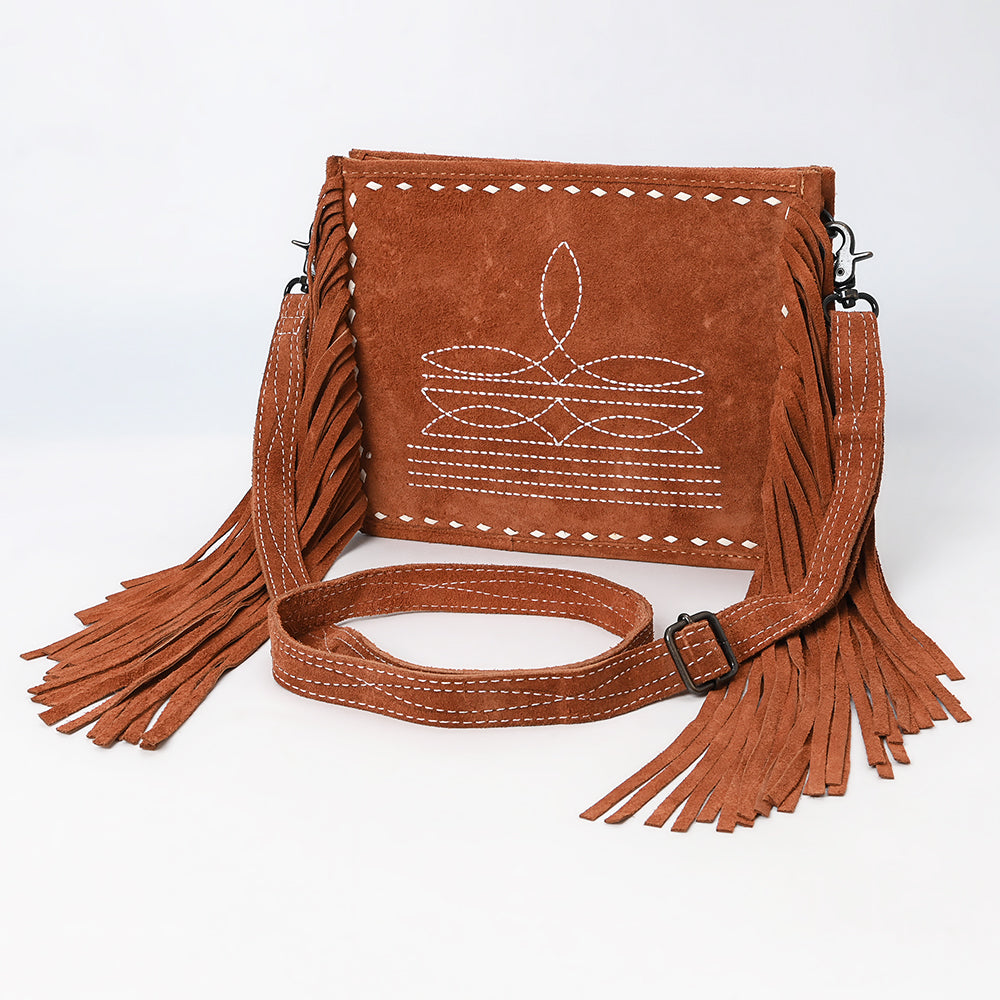ADBG1572 American Darling Western Genuine Suede Leather Crossbody Bag with Fringe & Buck Stitch Detailing