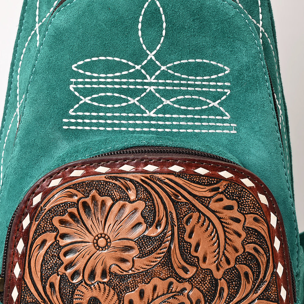 ADBG1573 American Darling Genuine Suede Leather Sling Bag with Hand Tooled Floral Front & Buck Stitch Details